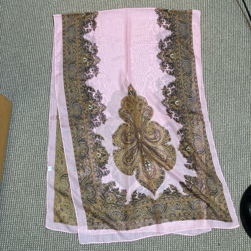 61.5” by 20.5” blush pink & gold scarf